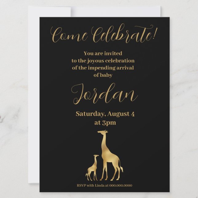 Giraffe Theme Baby Shower Black and Guld Inbjudningar (Framsida)