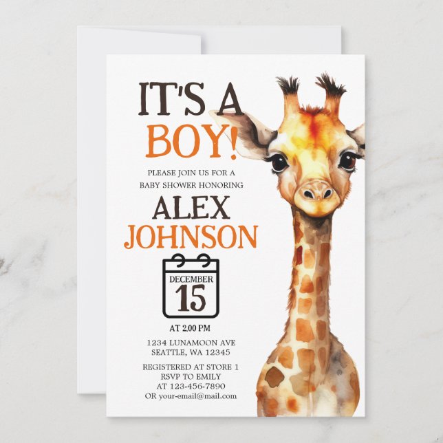 Giraffe Thmet Safari Baby Shower Inbjudningar (Framsida)