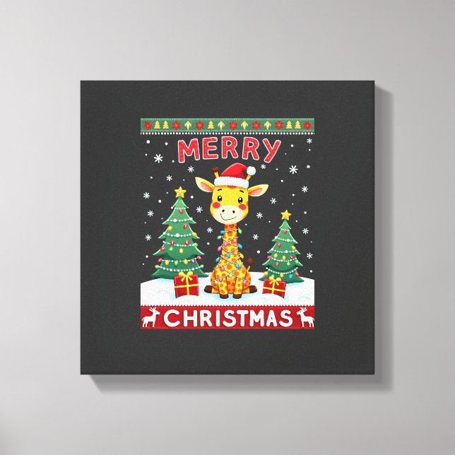 Giraffe Ugly Christmas Sweaters Funny Santa Hat Li Canvastryck (Framsida)