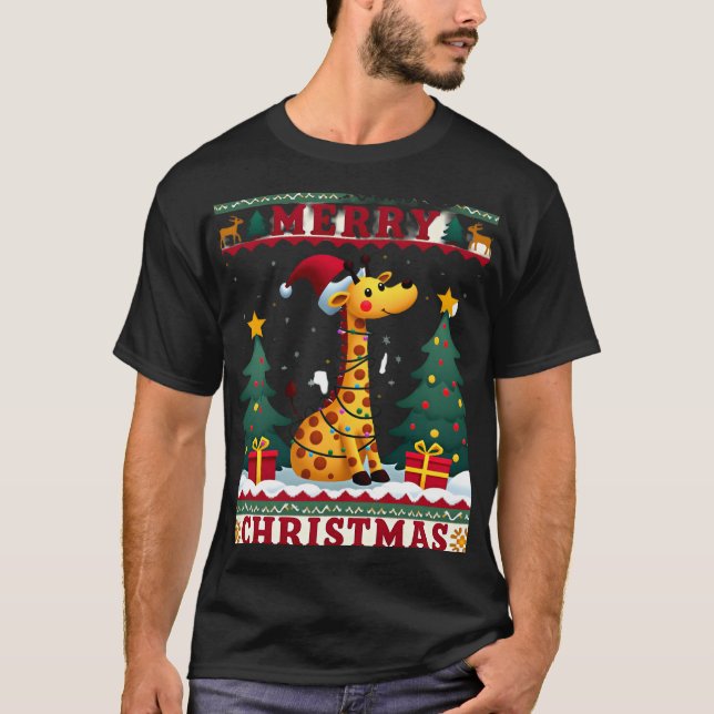 Giraffe Ugly Christmas Sweaters Funny Santa Hat Li T Shirt (Framsida)