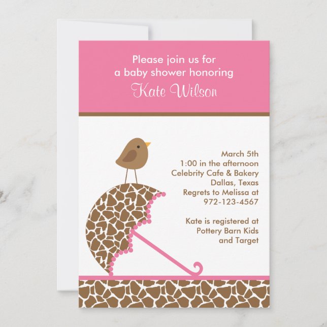 Giraffe Umbrella Baby Shower Inbjudningskort (Rosa (Framsida)