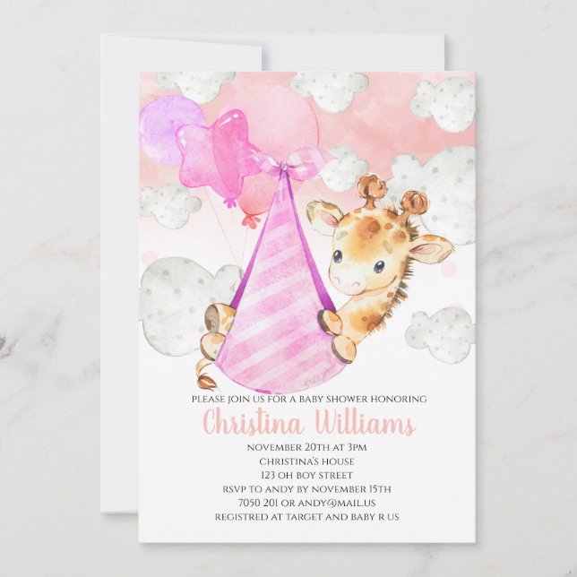 Giraffe Unge Flicka Baby Shower Cute Rosa Inbjudningar (Framsida)