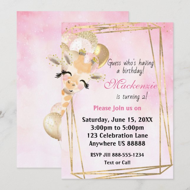 Giraffe vid alla ålders- och födelsedagsinbjudning inbjudningar (Fram/baksida)