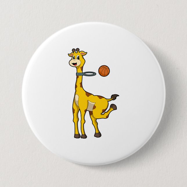 Giraffe vid Basketball med Basketball ring Knapp (Framsida)