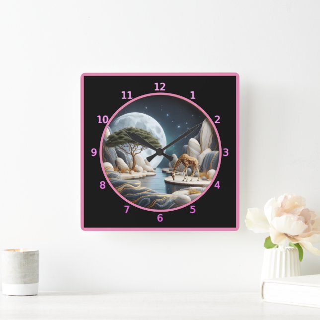 Giraffe vid moonlit vatten i Afrika Fyrkantig Klocka (Hem)