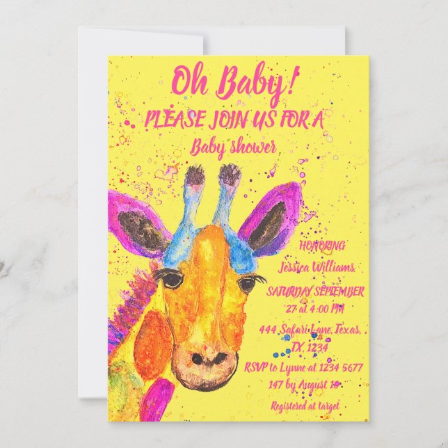Giraffe Watercolor Safari Jungle Cute Baby Shower Inbjudningar (Framsida)