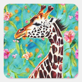 Giraffe Watercolor Square Sticker Fyrkantigt Klistermärke