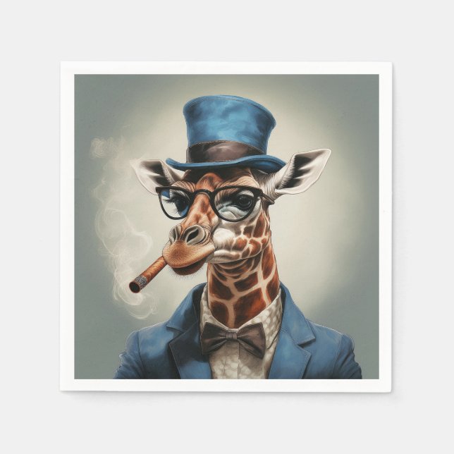 Giraffe wearing a top hat smoking a cigar pappersservett (Framsidan)