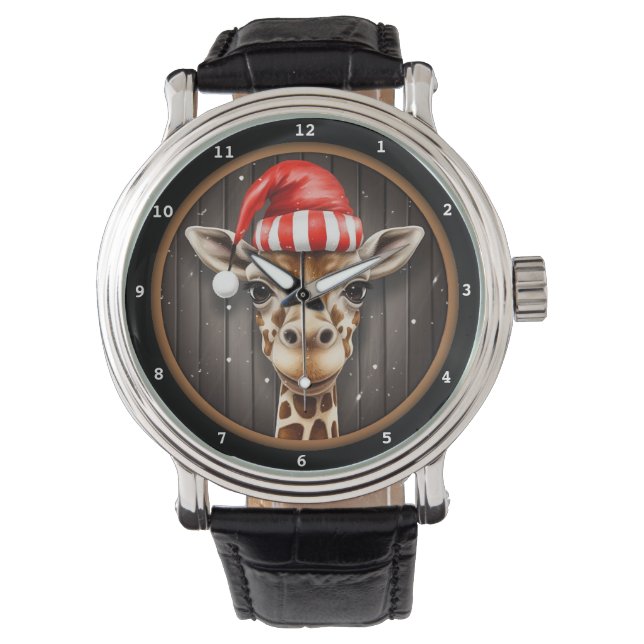 Giraffe Wearing Christmas Hat Portrait Armbandsur (Framsida)