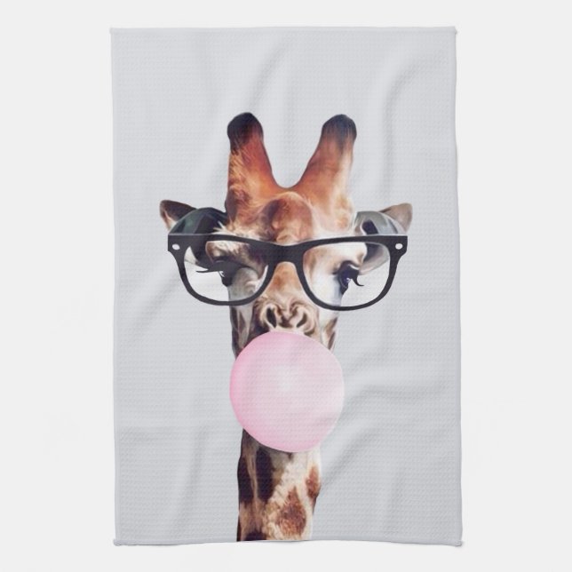 Giraffe Wearing Glass Blowing Rosa Bubble gumm Kökshandduk (Vertikal)