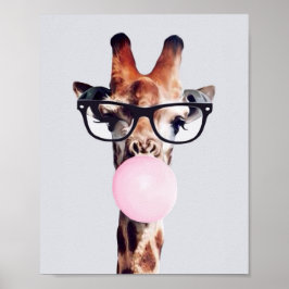 Giraffe Wearing Glass Blowing Rosa Bubble gumm Poster