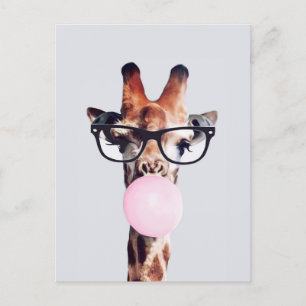 Giraffe Wearing Glass Blowing Rosa Bubble gumm Vykort