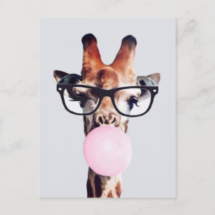 Giraffe Wearing Glass Blowing Rosa Bubble gumm Vykort