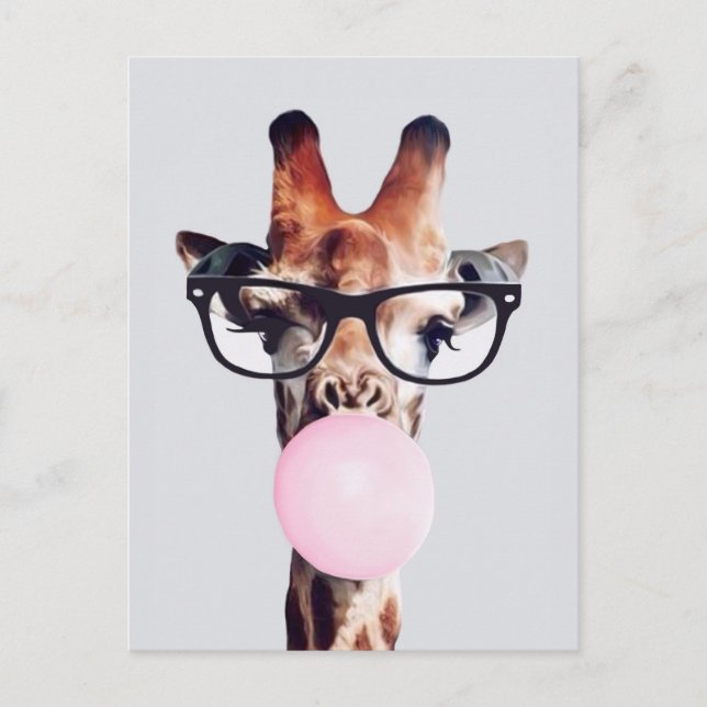 Giraffe Wearing Glass Blowing Rosa Bubble gumm Vykort (Framsida)