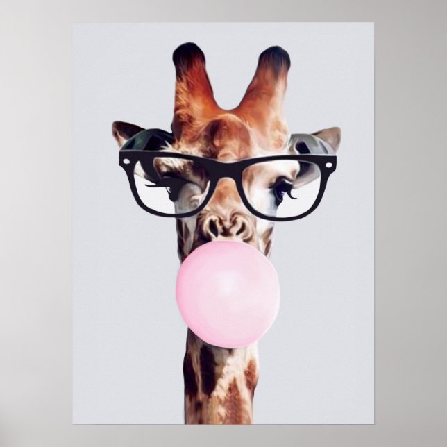GIRAFFE WEARING GLASSES BLOWAR EN ROSA BUBBLE GUM POSTER (Framsidan)