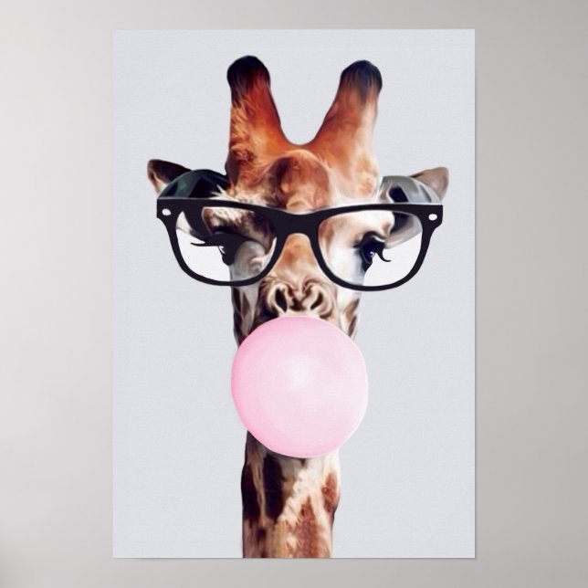 GIRAFFE WEARING GLASSES BLOWAR EN ROSA BUBBLE GUM POSTER (Framsidan)