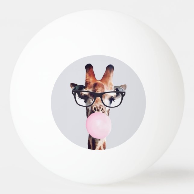 Giraffe wearing glasses blowing a pink bubble gum pingisboll (Framsidan)