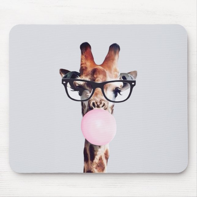 GIRAFFE WEARING GLASSES SOM BLÖSER EN ROSA BUBBLEG MUSMATTA (Framsidan)
