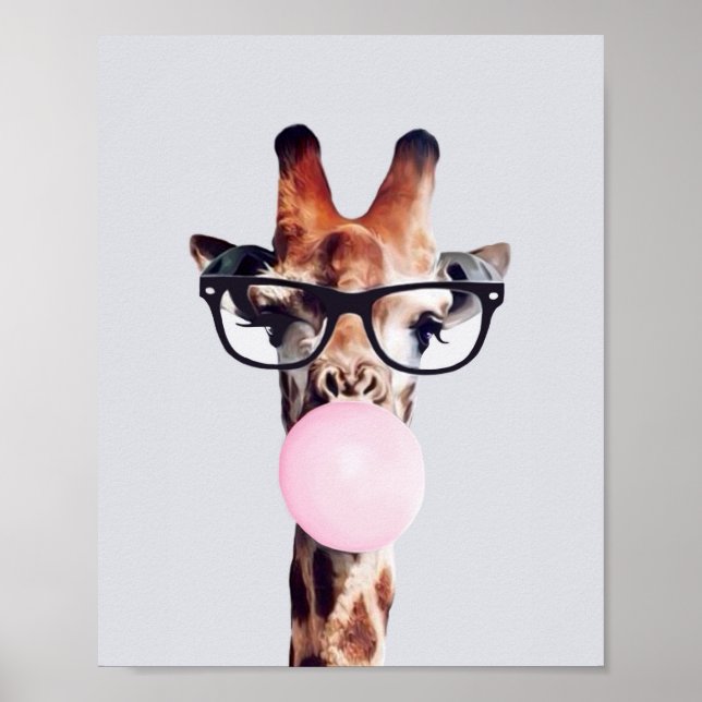 GIRAFFE WEARING GLASSES SOM BLÖSER EN ROSA BUBBLEG POSTER (Framsidan)