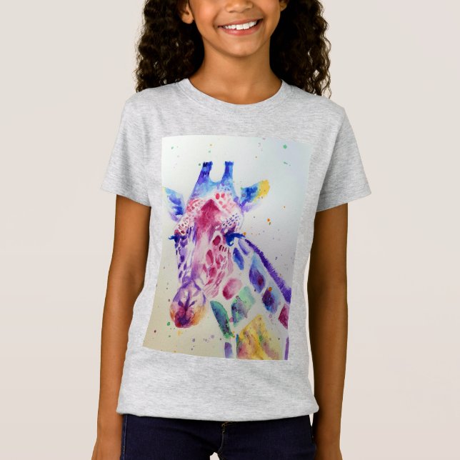 Giraffe Whimsical Watercolor grått Girls T Shirt (Framsida)