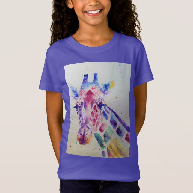 Giraffe Whimsical Watercolor Lila Girls T Shirt (Framsida)