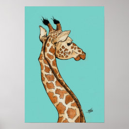 Giraffe with teal background poster