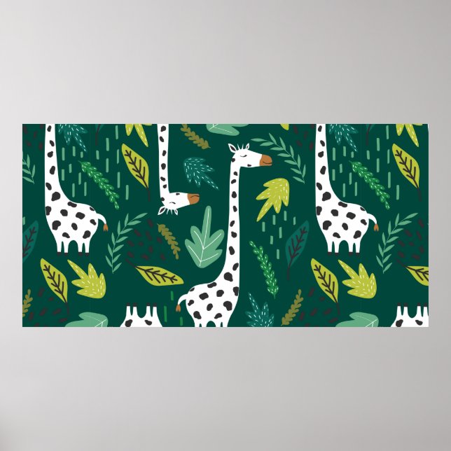 Giraffer, blad, handritad bakgrund. Färgrik sömlös Poster (Framsidan)