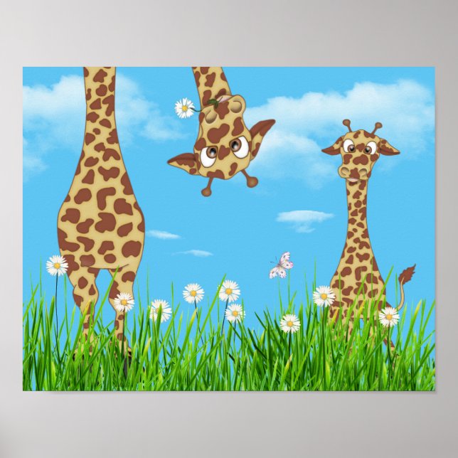 Giraffer i gräs med moln poster (Framsidan)