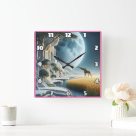 Giraffes-beten under måne i Afrika Fyrkantig Klocka