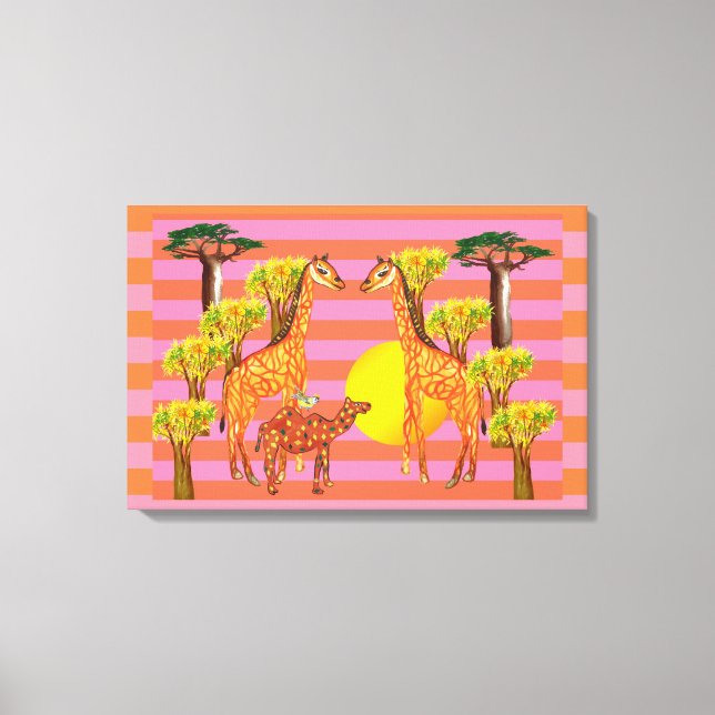 Giraffes, Camel och en fågel Wrapped Canvas (Framsida)