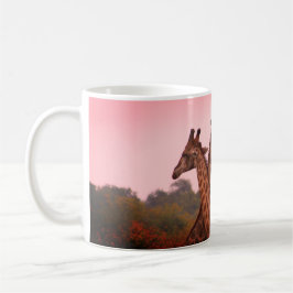 Giraffes i mopani träd med rosa himmel kaffemugg