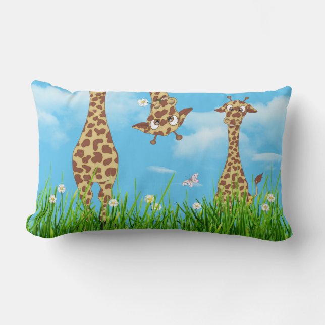 Giraffes in Grass with Clouds Lumbar Pillow Lumbarkudde (Framsida)