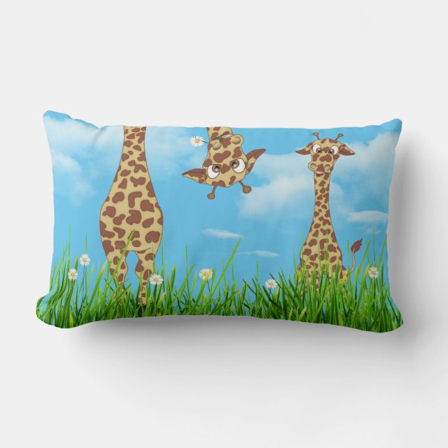 Giraffes in Grass with Clouds Lumbar Pillow Lumbarkudde (Framsida)