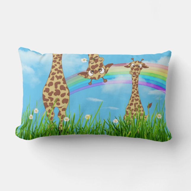 Giraffes in Grass with Rainbow Lumbar Pillow Lumbarkudde (Framsida)