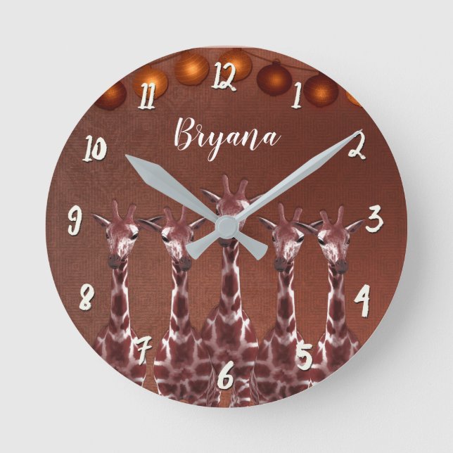 Giraffes & Ljus Rustic Brown Chic Personlig Rund Klocka (Framsida)