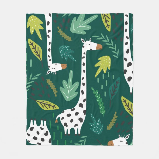 Giraffes, löv, hand plockade. Färgfull Fleecefilt (Framsidan)