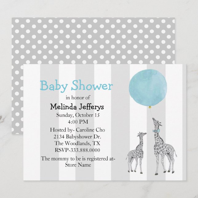 Giraffes med Balloon Baby Shower-inbjudan Inbjudningar (Fram/baksida)