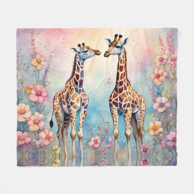 Giraffes par i en pastellträdgård fleecefilt (Framsidan (Horisontell))