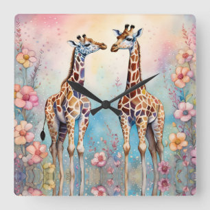 Giraffes par i en pastellträdgård fyrkantig klocka