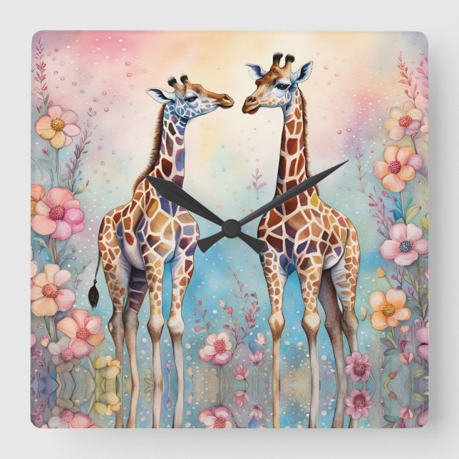 Giraffes par i en pastellträdgård fyrkantig klocka (Framsida)