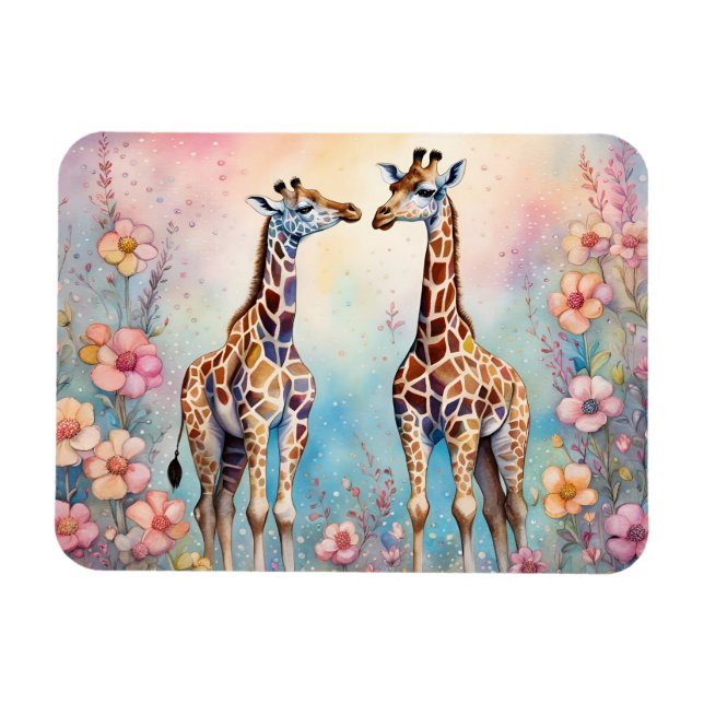 Giraffes par i en pastellträdgård magnet (Horisontell)