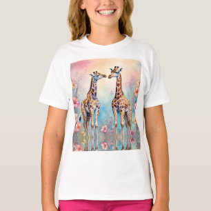 Giraffes par i en pastellträdgård t shirt