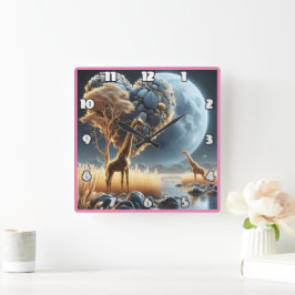 Giraffes under ett månbelyst himmel i Afrikans sav Fyrkantig Klocka