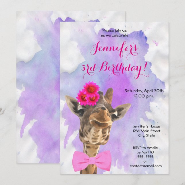 Giraffes vild, vattenfärgad flicka grattis på föde inbjudningar (Fram/baksida)