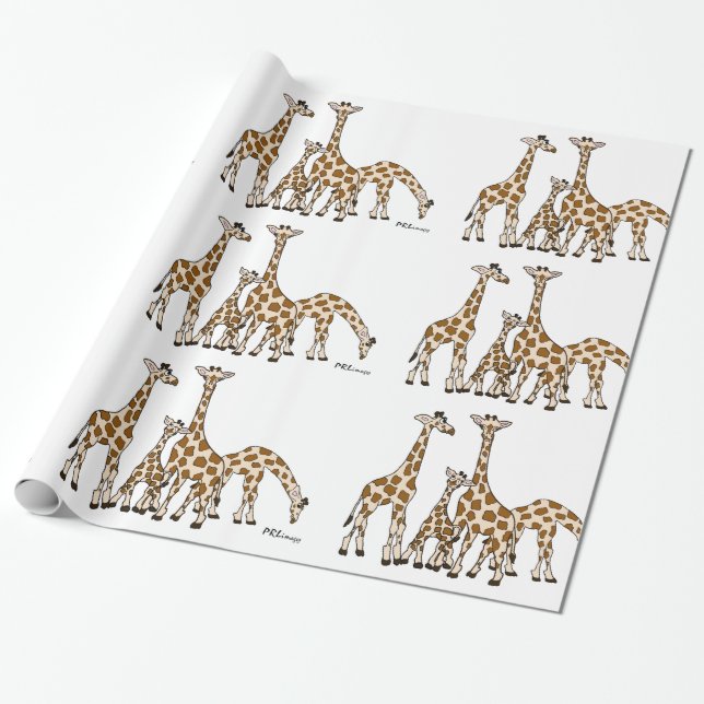 Girafffamilj i brunt och beige slående in papper presentpapper (Utrullad)
