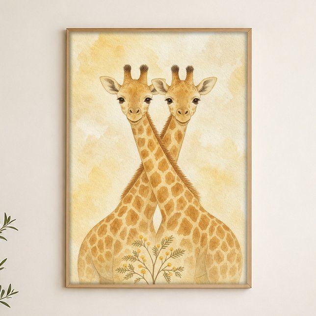 Giraffpar Vattenfärg Whimsical Konstaffisch Poster (Shown framed for scale. Poster ships unframed; frames are an optional add-on.)