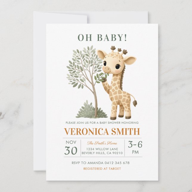 Giraffsafari djungel baby shower  inbjudningar (Framsida)