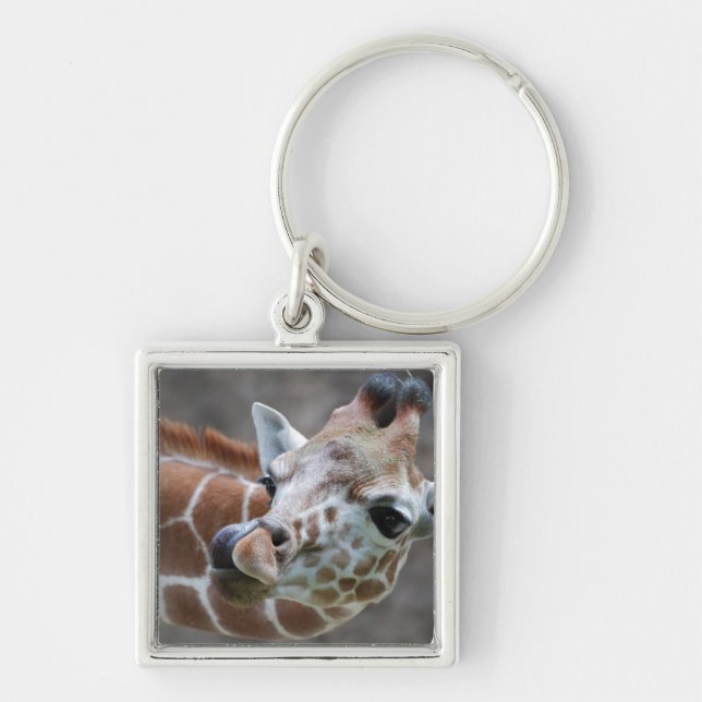 Girafftunga Keychain Fyrkantig Silverfärgad Nyckelring (Framsidan)