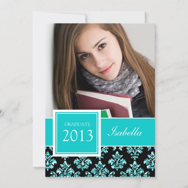 GIRALT TEAL GLITTER DAMASK GRAD PHOTO INBJUDNINGAR (Framsida)
