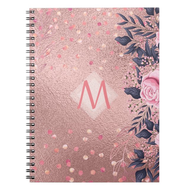 Girarly All ROSEGOLD Blue Rosa Blommigt MONOGRAM Anteckningsbok (Framsidan)